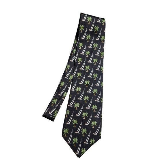 Pre-owned TROPICALS by TANGO Black Palm Trees Sailboats Silk Mens Tie - Picture 1 of 8
